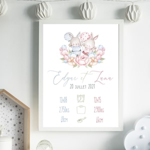 Affiche naissance jumeaux mixtes, décoration chambre bébé animaux