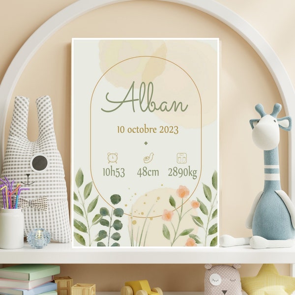 Affiche naissance personnalisé, thème chic et fleurs, cadeaux pour bébés