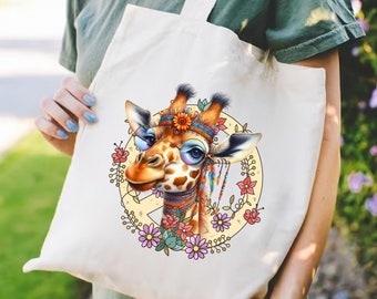 Tote bag personnalisé Hippie, Peace and Love, tote bag girafe, cadeau personnalisé