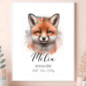 Affiche naissance personnalisée, bébé renard, affiche mixte, cadeau pour bébé, cadre personnalisé bebe