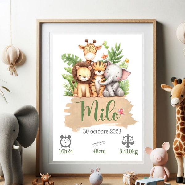 Affiche naissance  jungle, déco chambre bébé, Cadre prénom