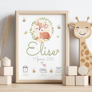 Affiche naissance personnalisée animaux mignons, affiche bébé, cadeau naissance