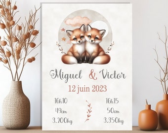 Affiche naissance personnalisée jumeaux ,cadeau de naissance , affiche jumeaux Renard, cadeau bébé