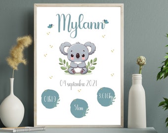 Affiche naissance Koala, affiche jungle, décoration chambre bébé