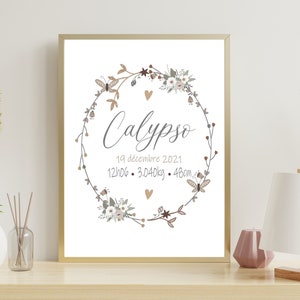 Affiche naissance personnalisée, Affiche naissance fleur, Poster Boho