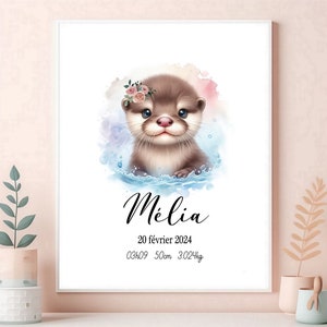 Affiche naissance personnalisée, bébé loutre, affiche mixte, cadeau pour bébé, affiche bébé loutre