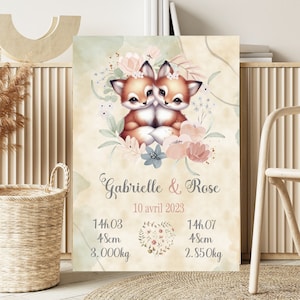 Affiche naissance personnalisée jumelles,cadeau de naissance , affiche jumelles Renard, cadeau bébé