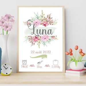 Affiche naissance personnalisée vintage, affiche naissance fleur ,chambre bébé