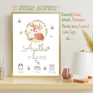 Affiche naissance personnalisée animaux mignons, affiche bébé, cadeau naissance image 1