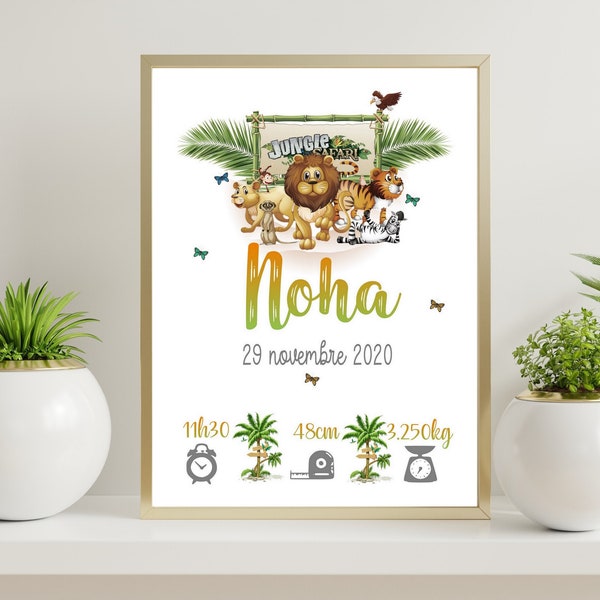 Affiche naissance  jungle, chambre bébé jungle, cadre prénom