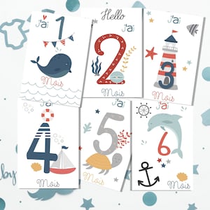 Cartes étapes bébé thème océan, naissance, souvenirs bébé première année