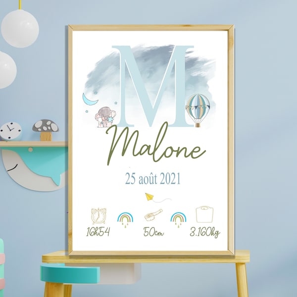 Affiche Naissance Personnalisée, Chambre d'Enfant,cadre prénom