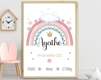 Affiche naissance personnalisée  arc en ciel, décoration chambre bébé