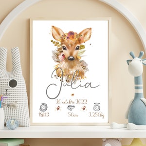 Personalized birth poster, Fawn poster, Forest animals, birth gift