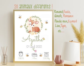 Affiche naissance personnalisée animaux mignons, affiche bébé, cadeau naissance