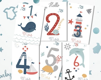 Cartes étapes bébé thème océan, naissance, souvenirs bébé première année