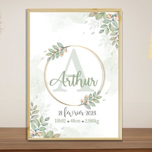 Affiche naissance personnalisée, Initiale, modèle couronne fleurs chic