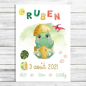 Affiche naissance personnalisée dinosaure, poster chambre enfant