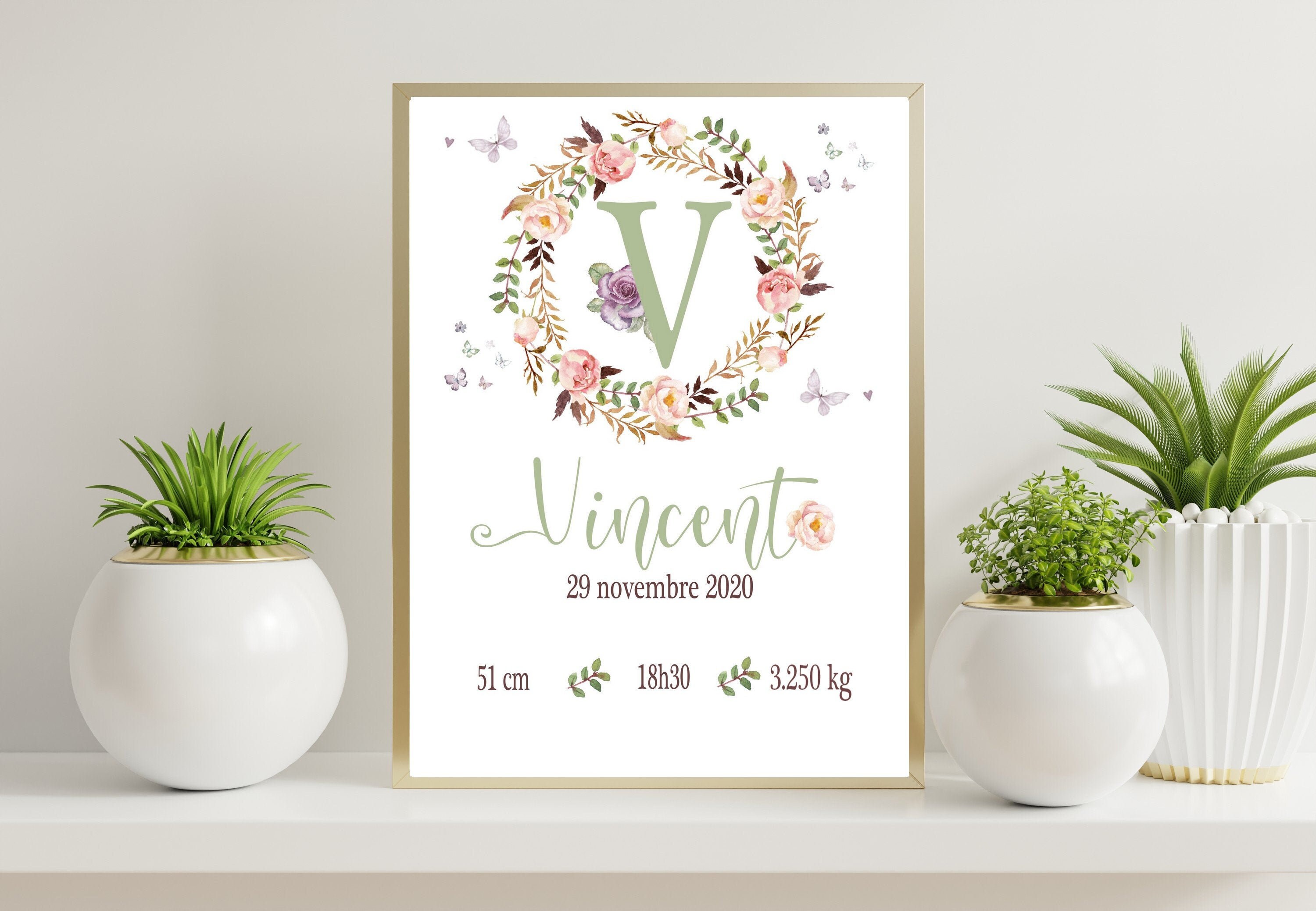 Affiche Naissance Personnalisée, Cadre Prénom Couronne de Fleurs, Affiche Naissance