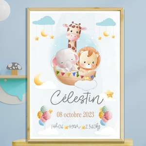 Affiche naissance personnalisée, affiche animaux de la jungle, cadeau pour bébé