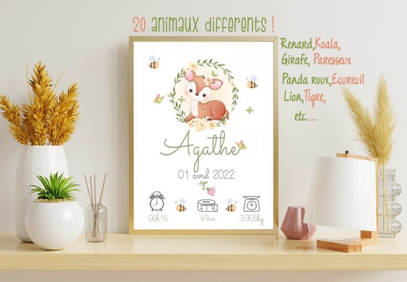 Affiche naissance personnalisée animaux mignons, affiche bébé, cadeau naissance image 1