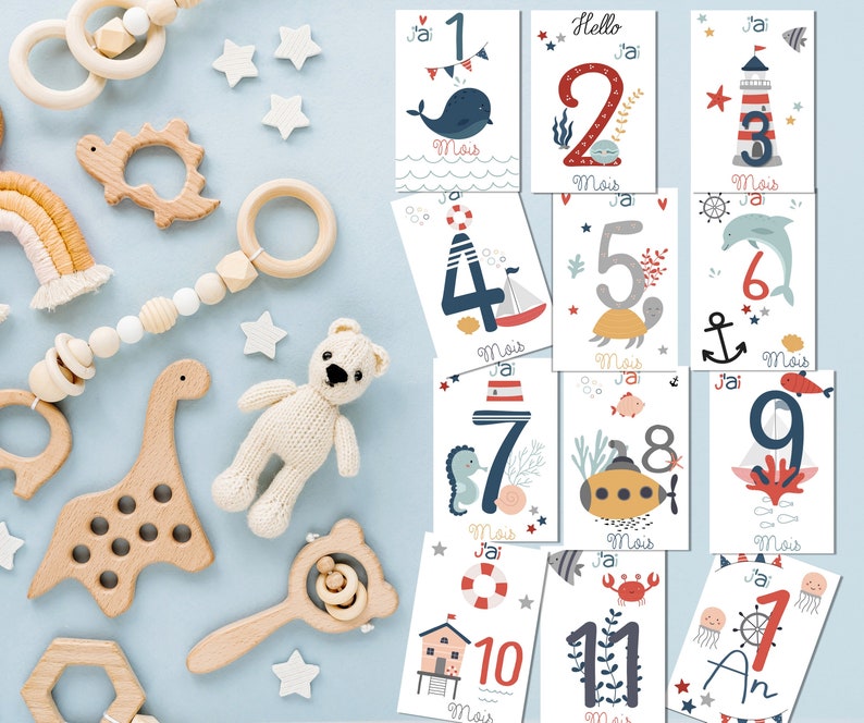 Cartes étapes bébé thème océan, naissance, souvenirs bébé première année image 2