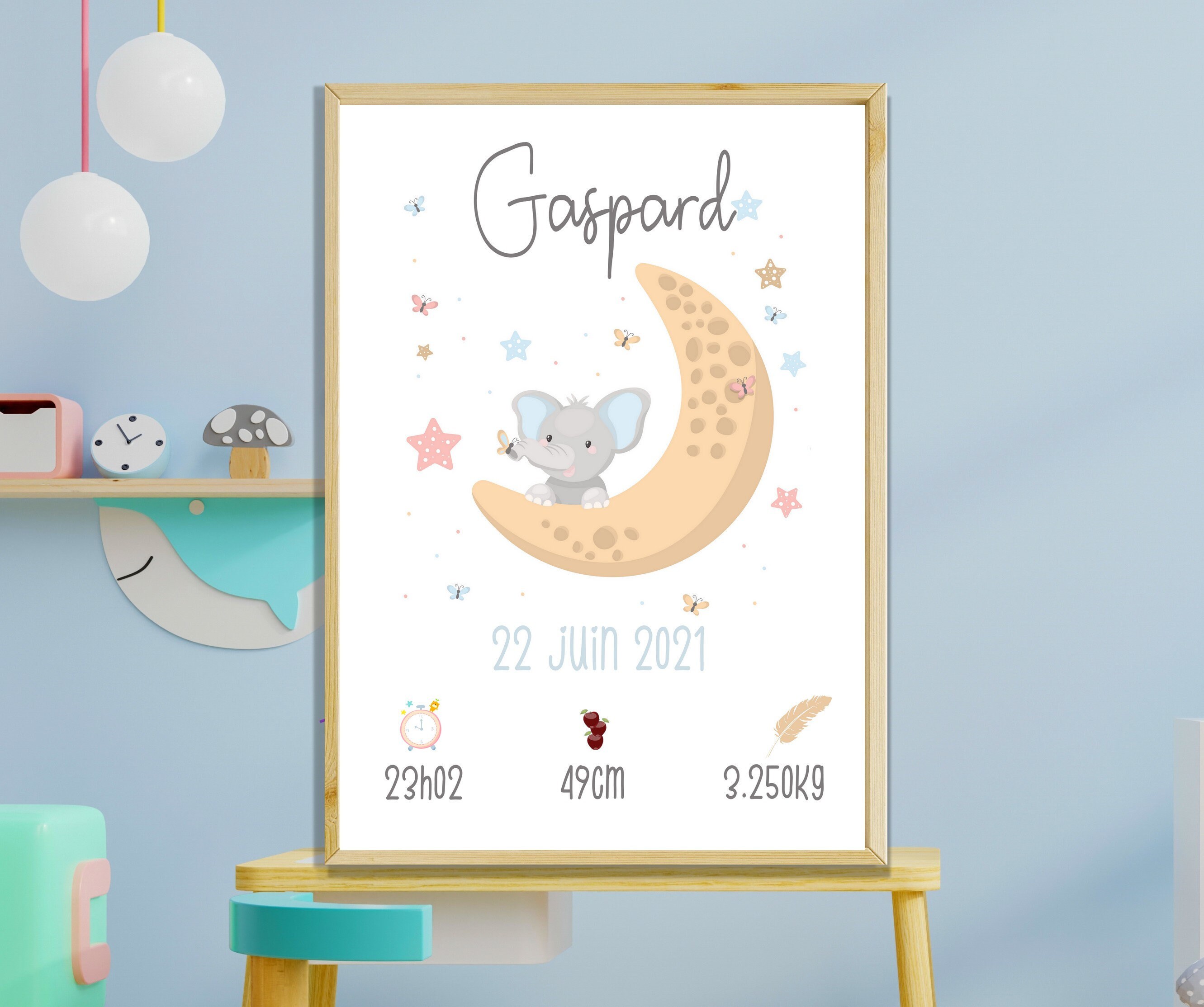 Affiche Naissance Personnalisée, Éléphant sur La Lune, Cadeau Personnalisé - Chambre Enfant Décorati