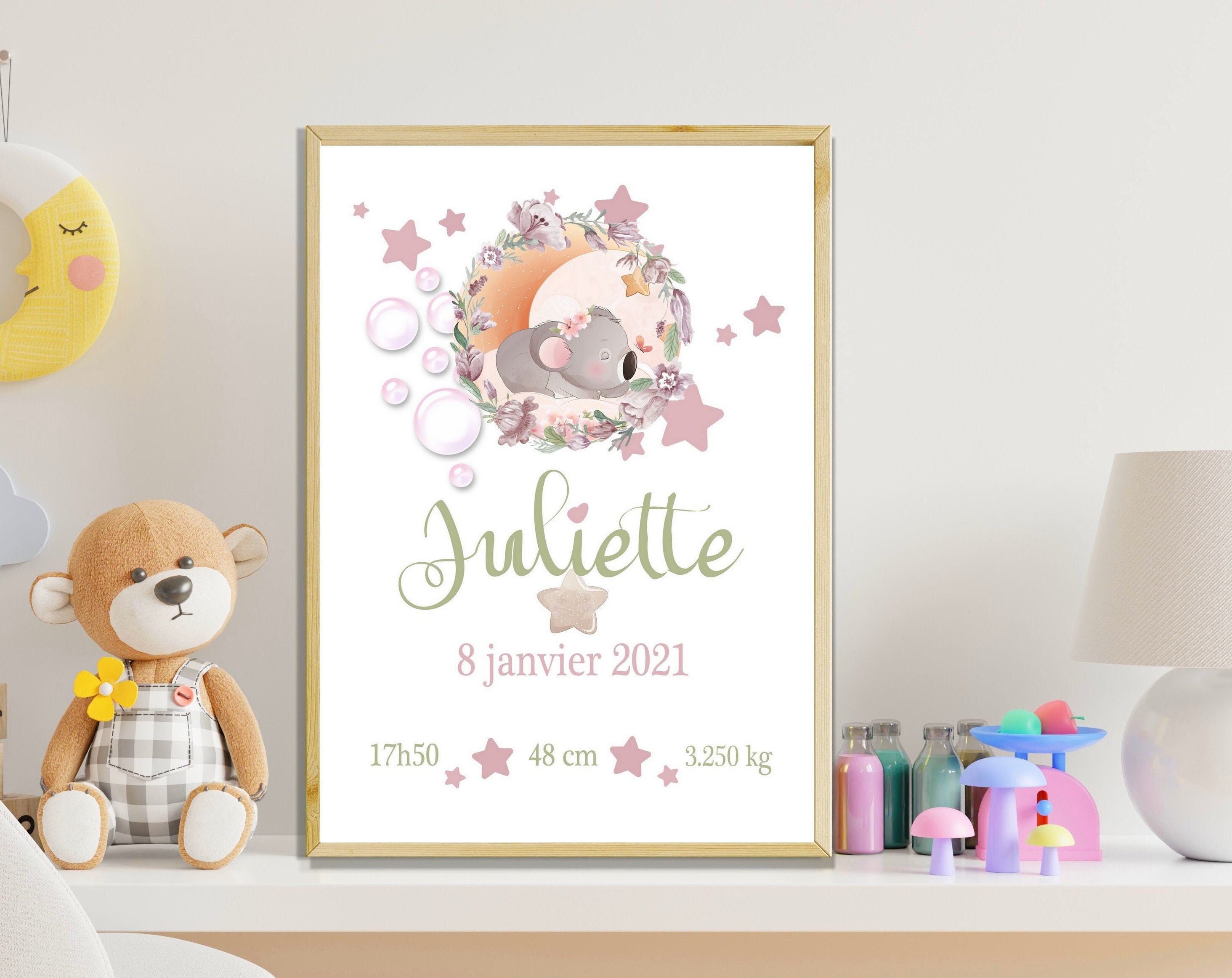 Affiche Naissance Personnalisée, Cadeau de Personnalisé Fille, Cadre Prénom