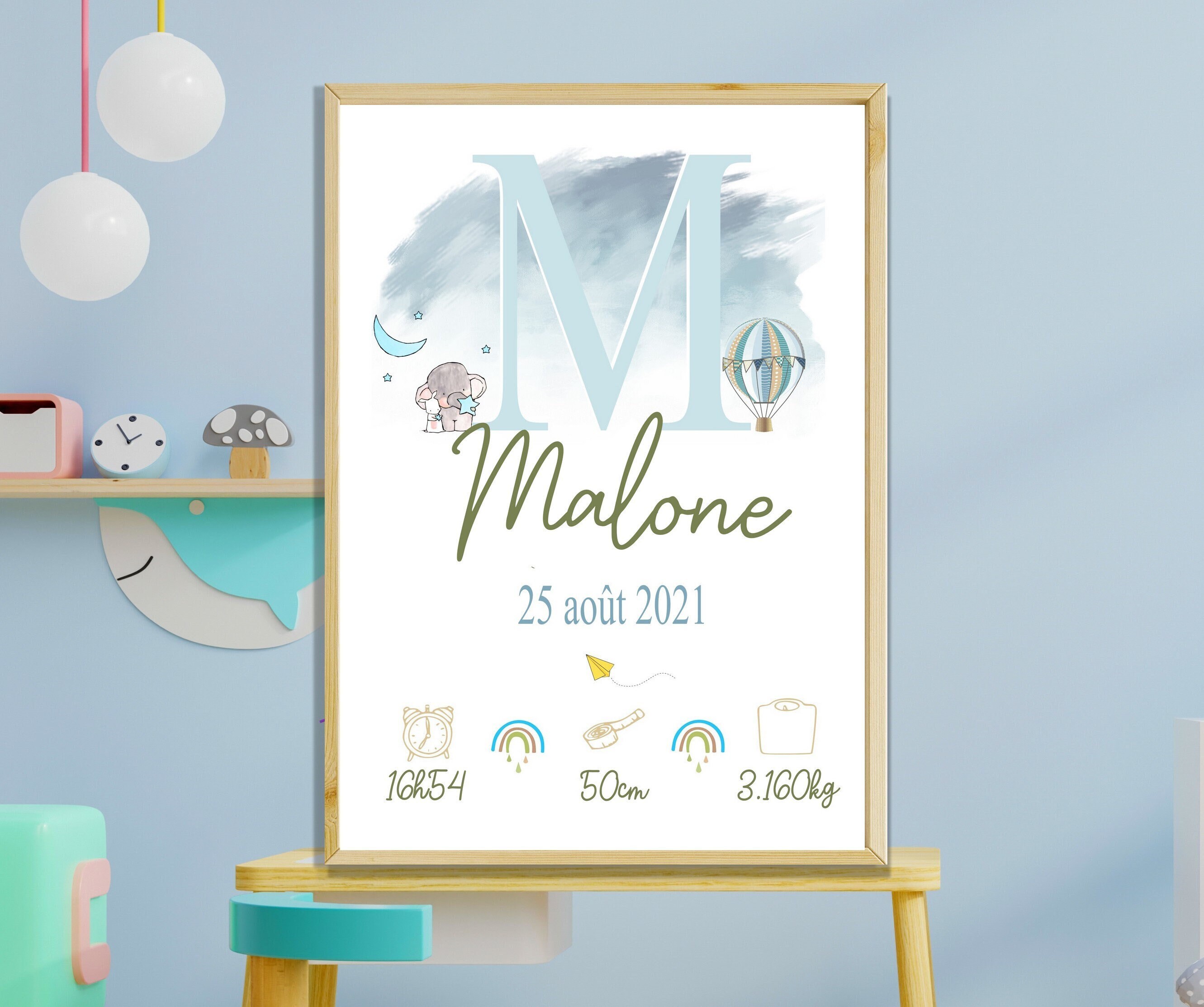 Affiche Naissance Personnalisée, Chambre d'enfant, Cadre Prénom