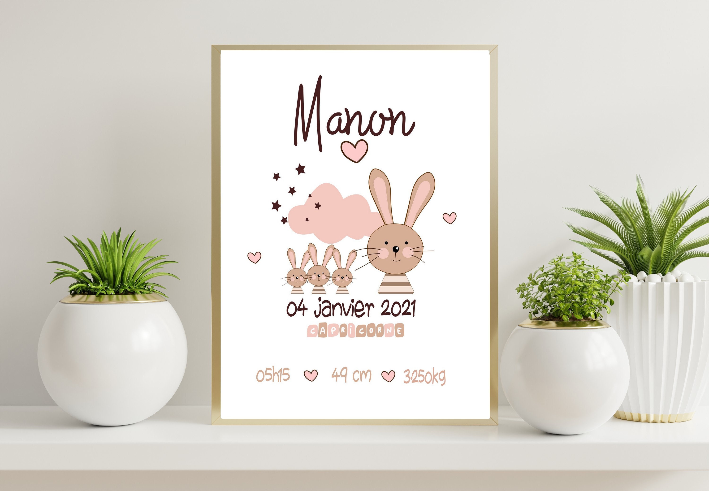Affiche Naissance Personnalisée Famille de Lapins, Poster Chambre Enfant, Cadre Prénom
