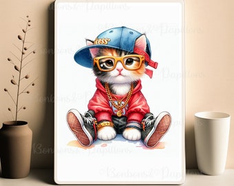 Affiche pour enfant à personnaliser, affiche chat "hip hop", affiche chaton mignon, cadeau enfant