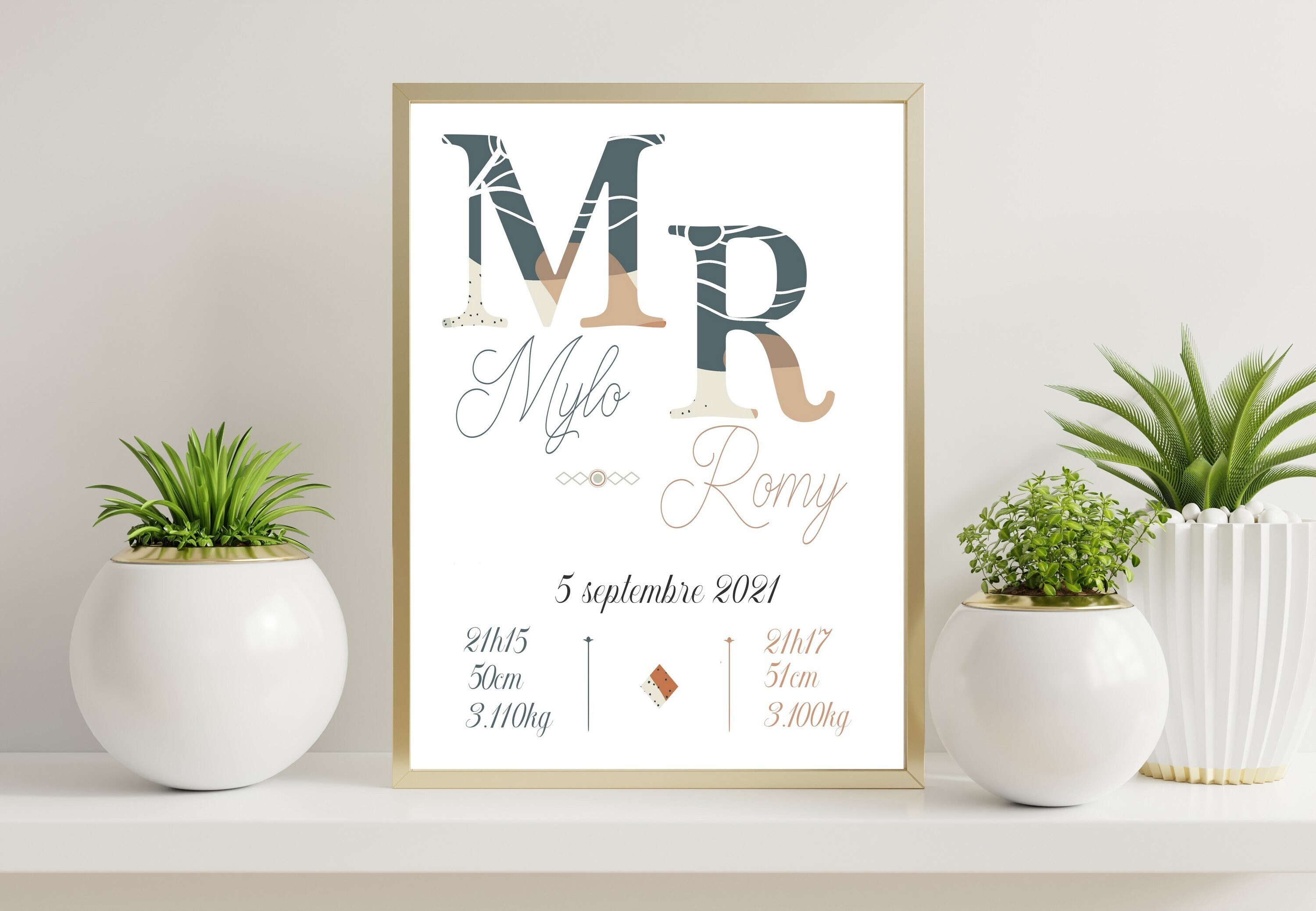 Affiche Naissance Personnalisée Jumeaux Mixtes, Décoration Chambre Bébé, Affiche Initiale