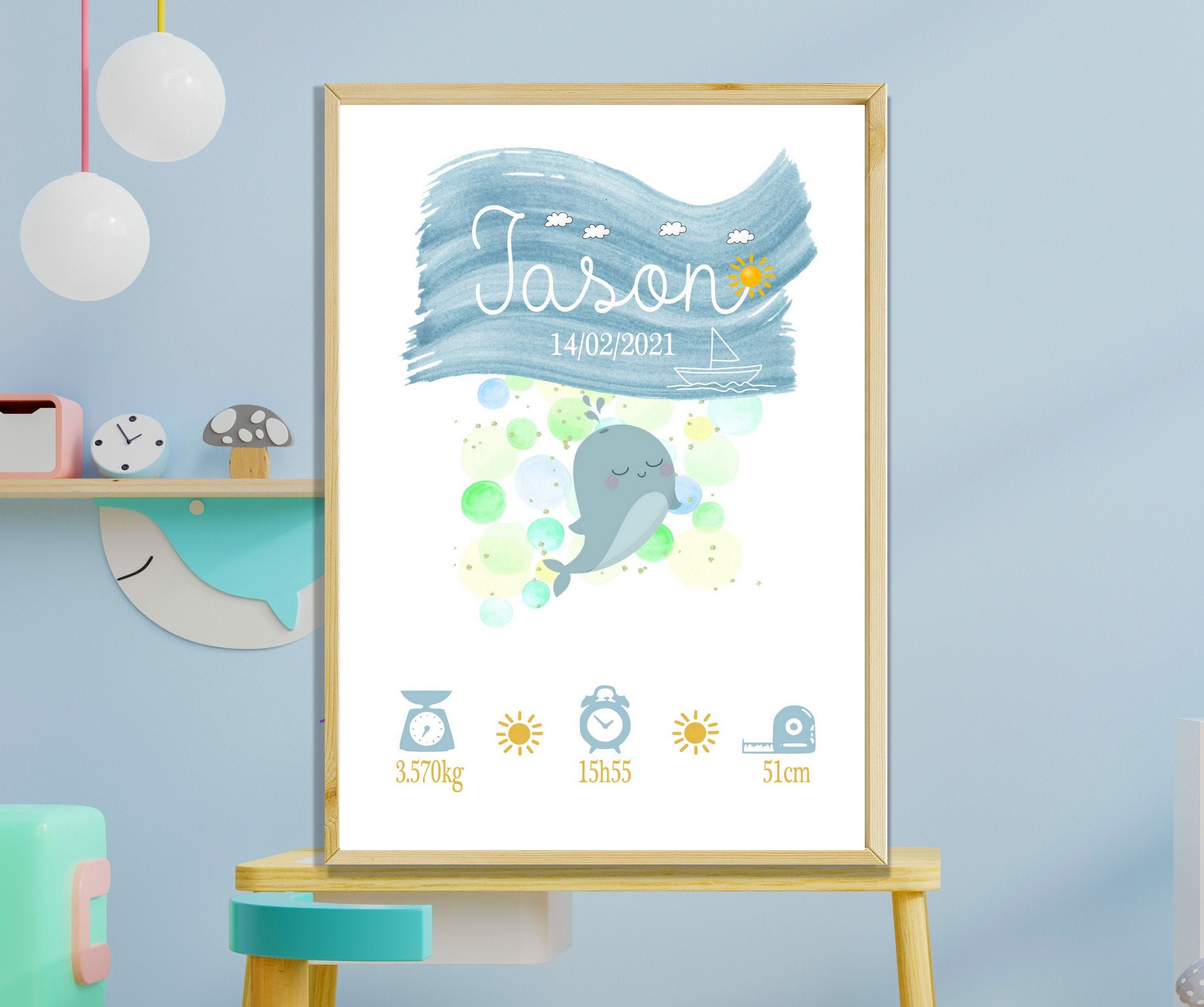 Affiche Naissance Personnalisée, Cadre Prenom, Chambre Bébé Océan