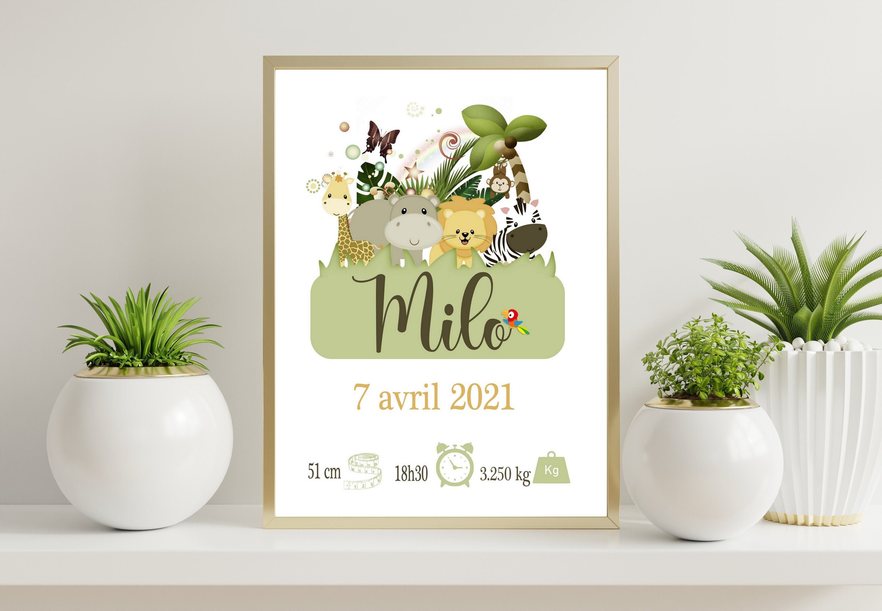 Affiche Naissance Jungle, Déco Chambre Bébé, Cadre Prénom