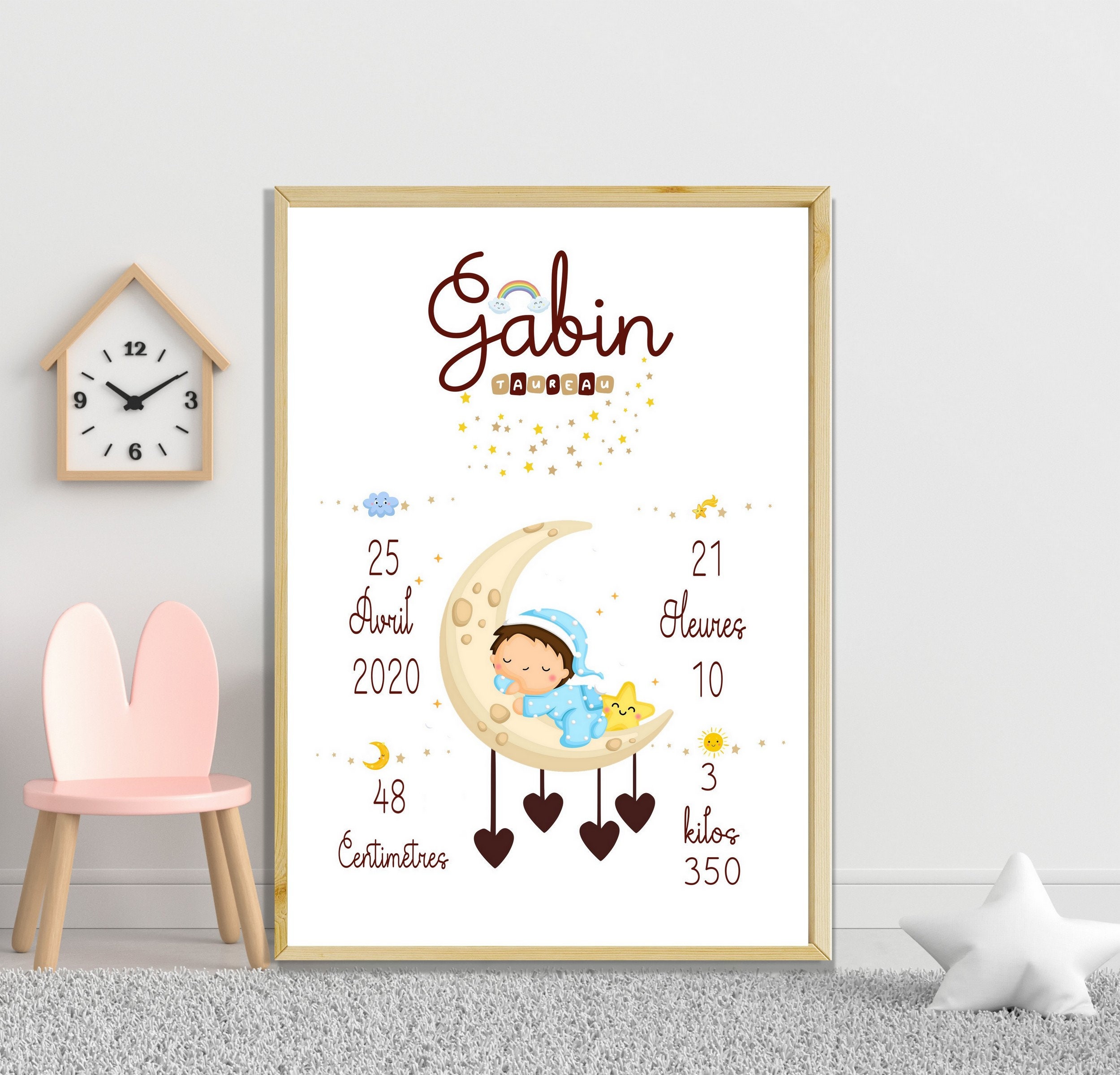 Affiche Naissance Personnalisée Thème Lune , Poster Chambre Enfant, Tableau Prénom