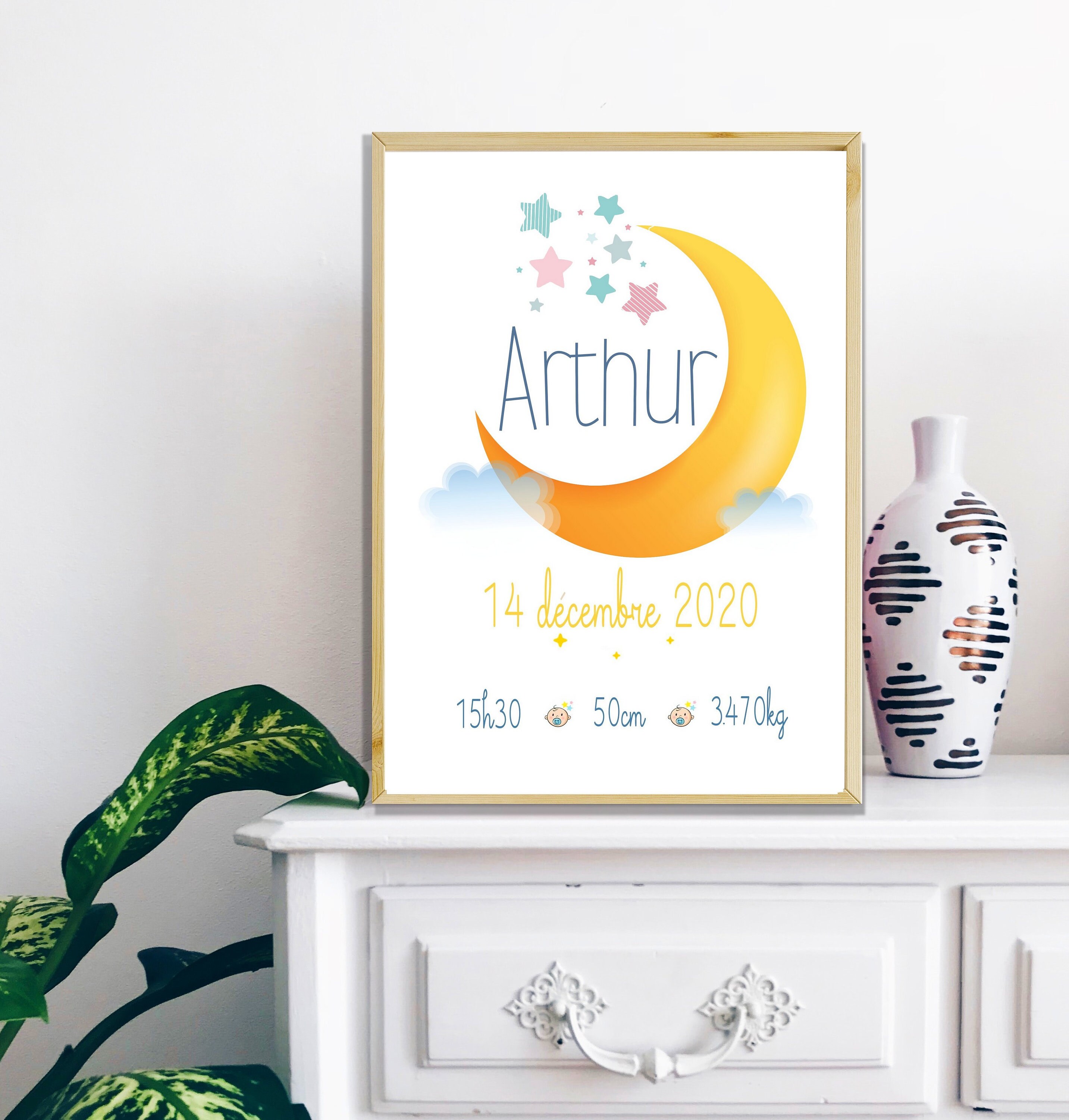 Affiche Naissance Personnalisée, Affiche Chambre Bébé Lune