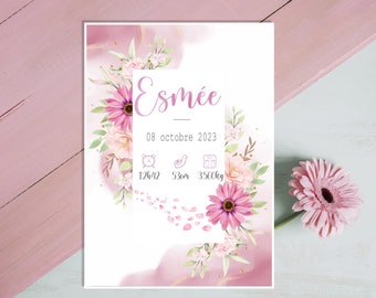 Affiche naissance personnalisée, thème fleur ,couleur rose, cadeaux pour bébés