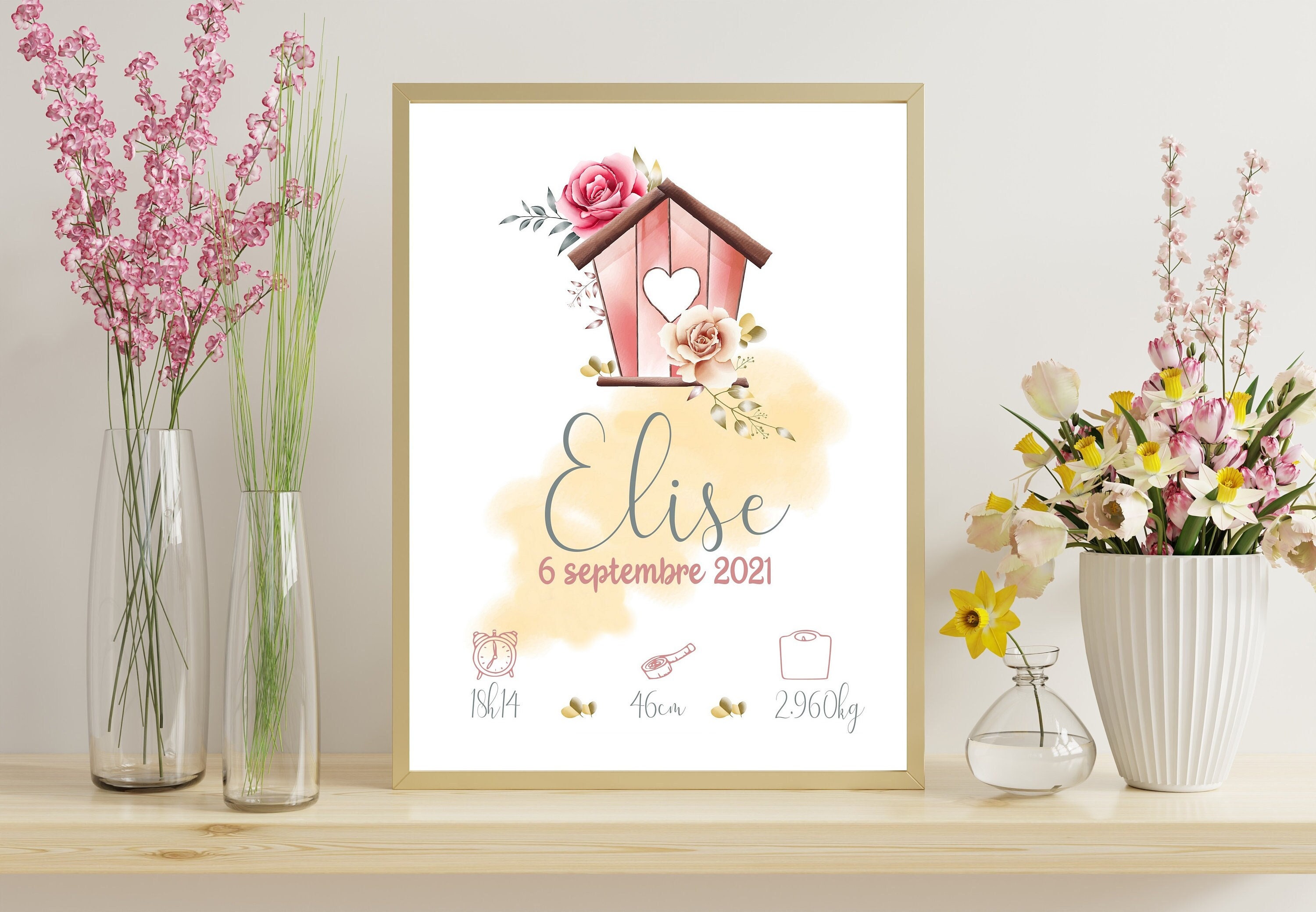 Affiche Naissance Personnalisée Fleurs, Affiche Bébé, Décoration Murale Enfant