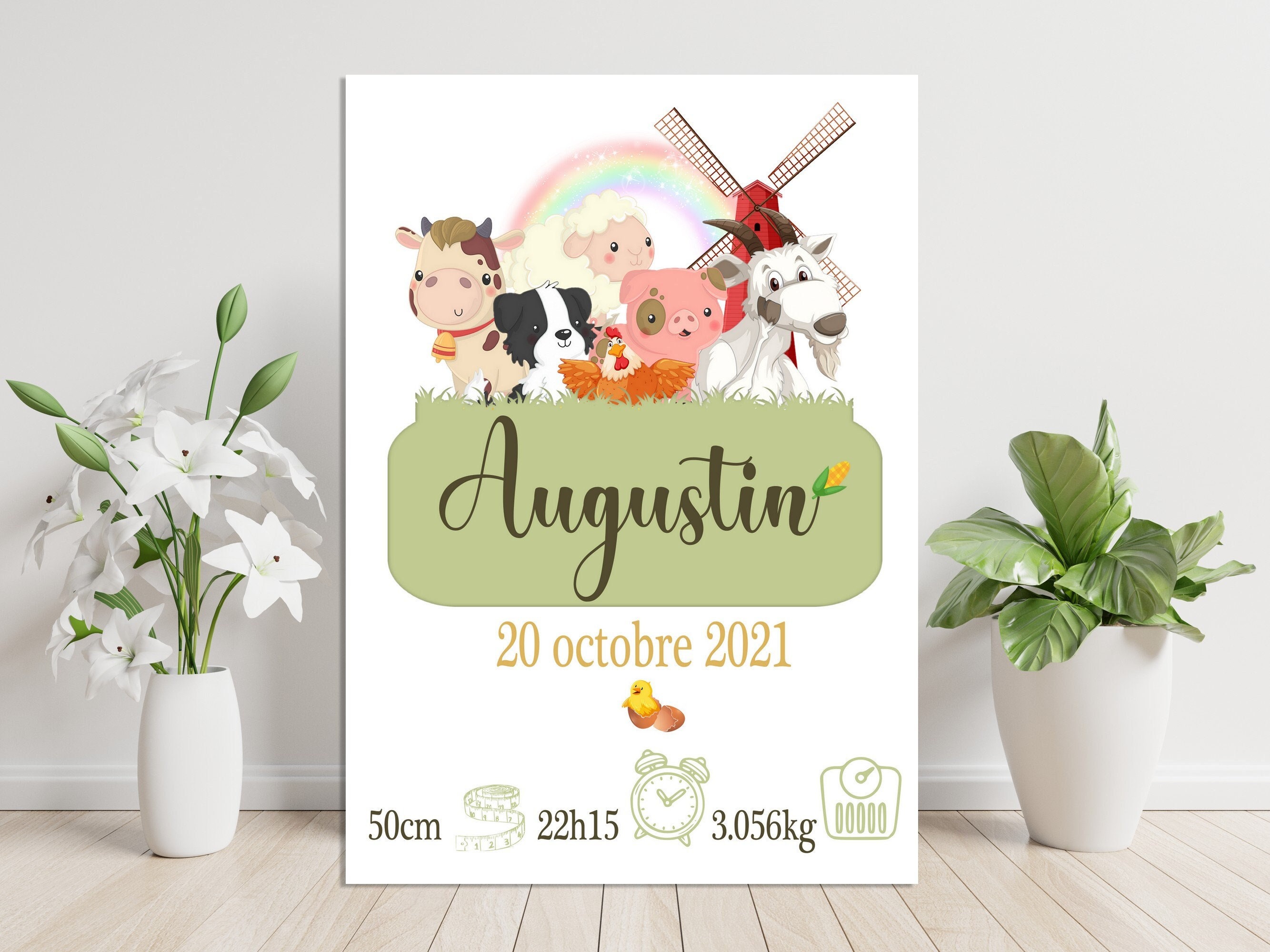 Affiche Naissance Animaux de La Ferme , Affiche Personnalisée, Décoration Chambre Enfant