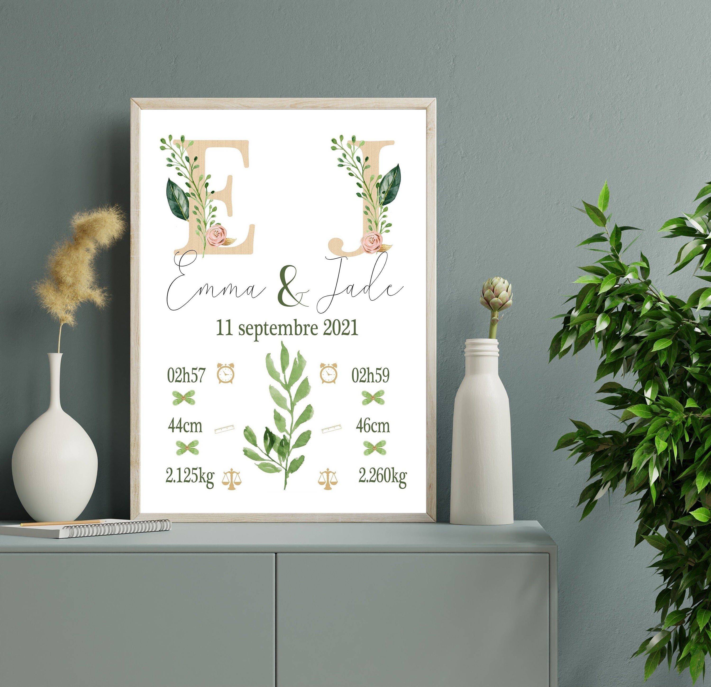 Affiche Naissance Personnalisée Jumeaux Mixtes, Décoration Chambre Bébé