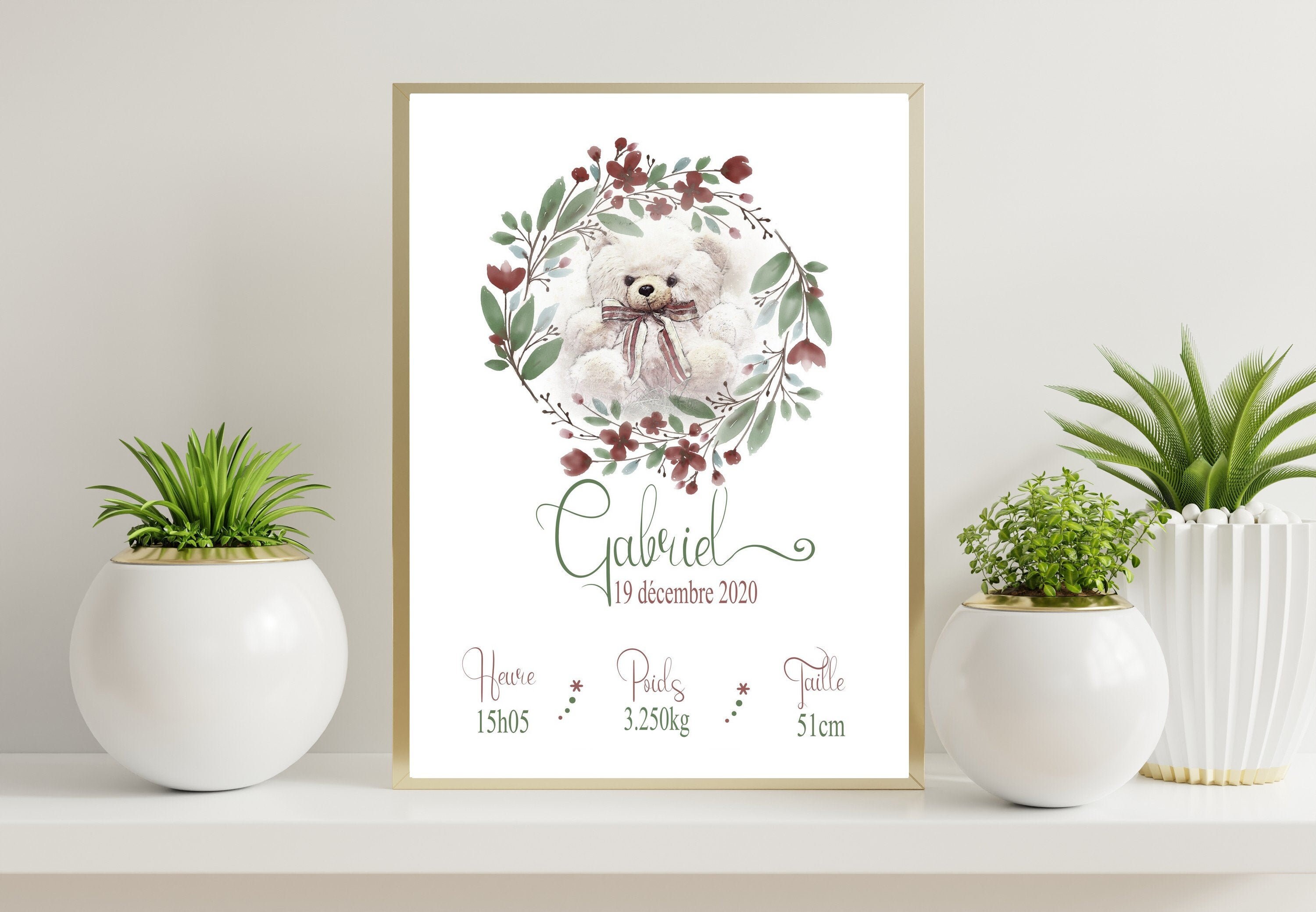 Affiche Naissance Personnalisée, Tableau Prénom , Ourson Mignon et Cœurs