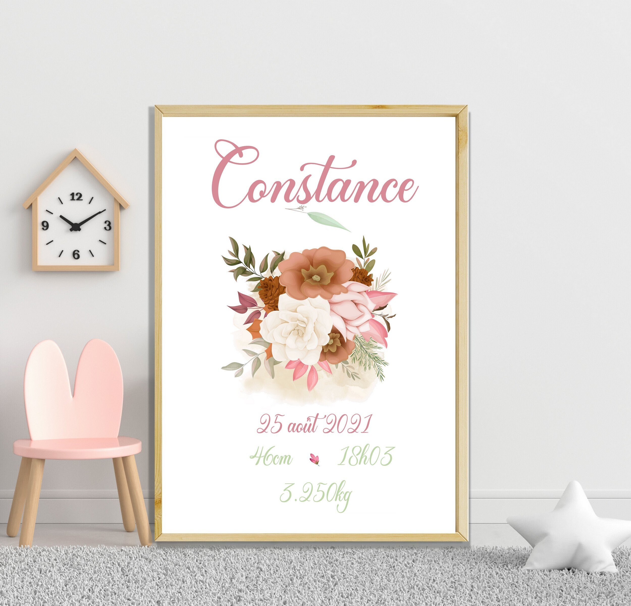 Affiche Naissance Personnalisée Fleur , Affiche Fille