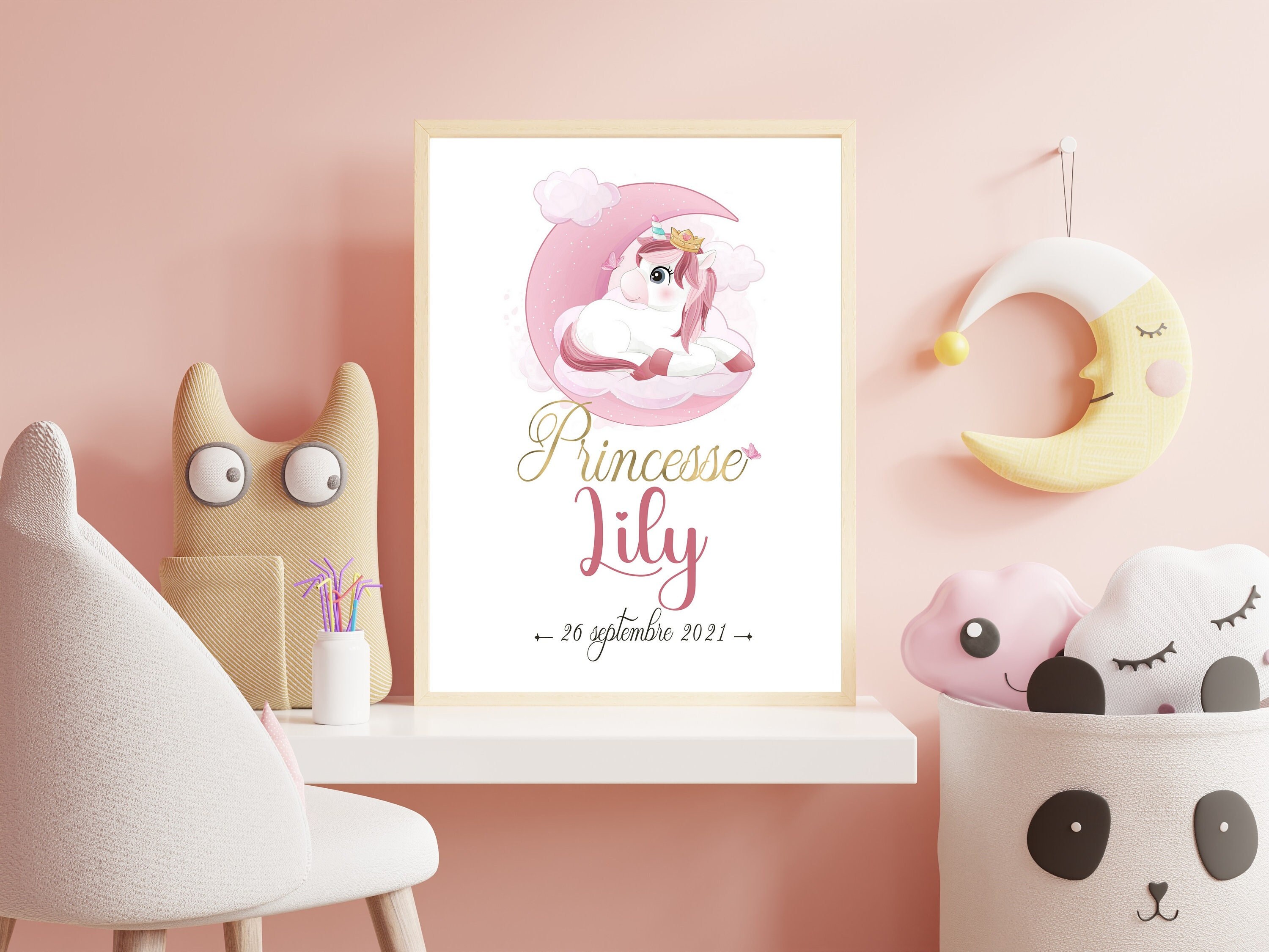 Affiche Naissance Personnalisée Pour Chambre de Bébé ou d'enfant, Licorne Petite Fille