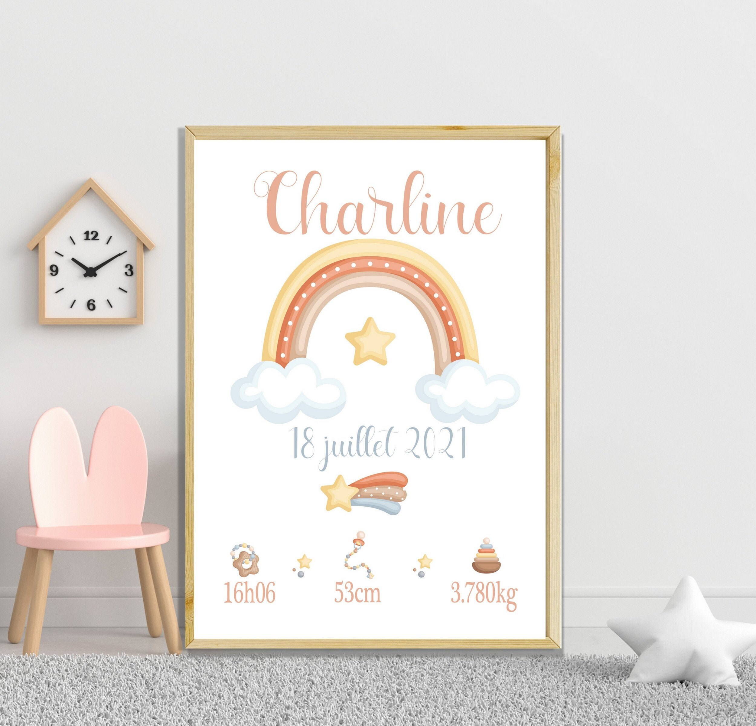 Affiche Naissance Personnalisée Arc en Ciel, Chambre Bébé, Cadeau Naissance