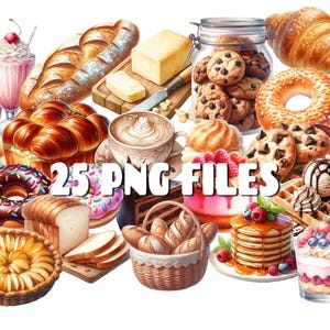 Peut inclure: Illustration à l'aquarelle de divers produits de boulangerie et desserts. L'image comprend une baguette, des croissants, des cookies, des beignets, des gâteaux et un milkshake. Le texte "25 PNG FILES" est affiché.