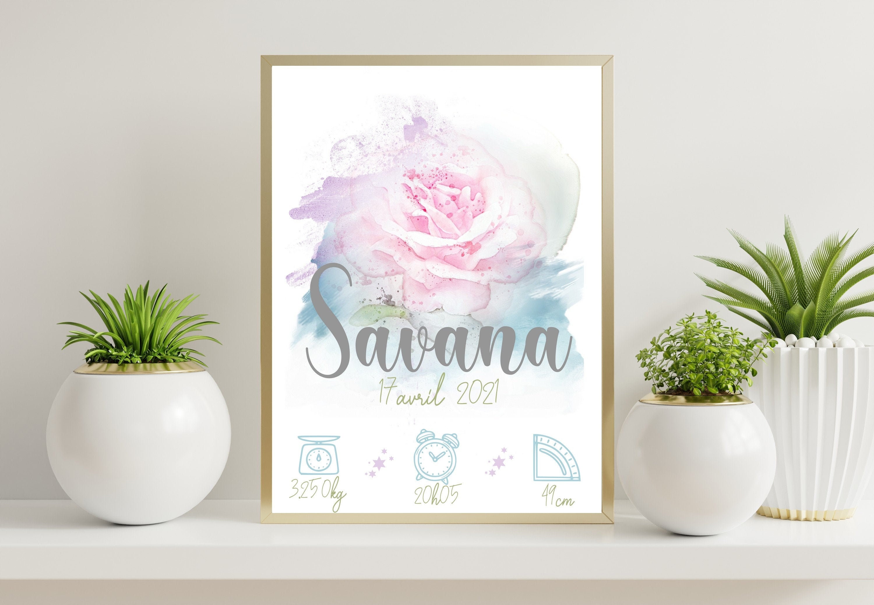 Affiche Naissance Personnalisée , Poster Chambre Enfant, Tableau Prénom, Affiche Fleur