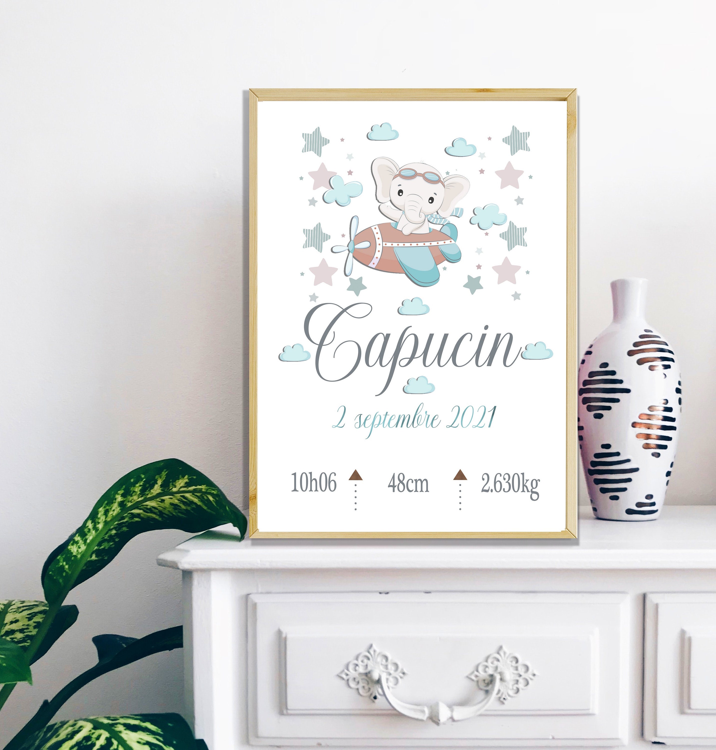 Affiche Naissance Personnalisée , Affiche Éléphant, Décoration Chambre Bébé