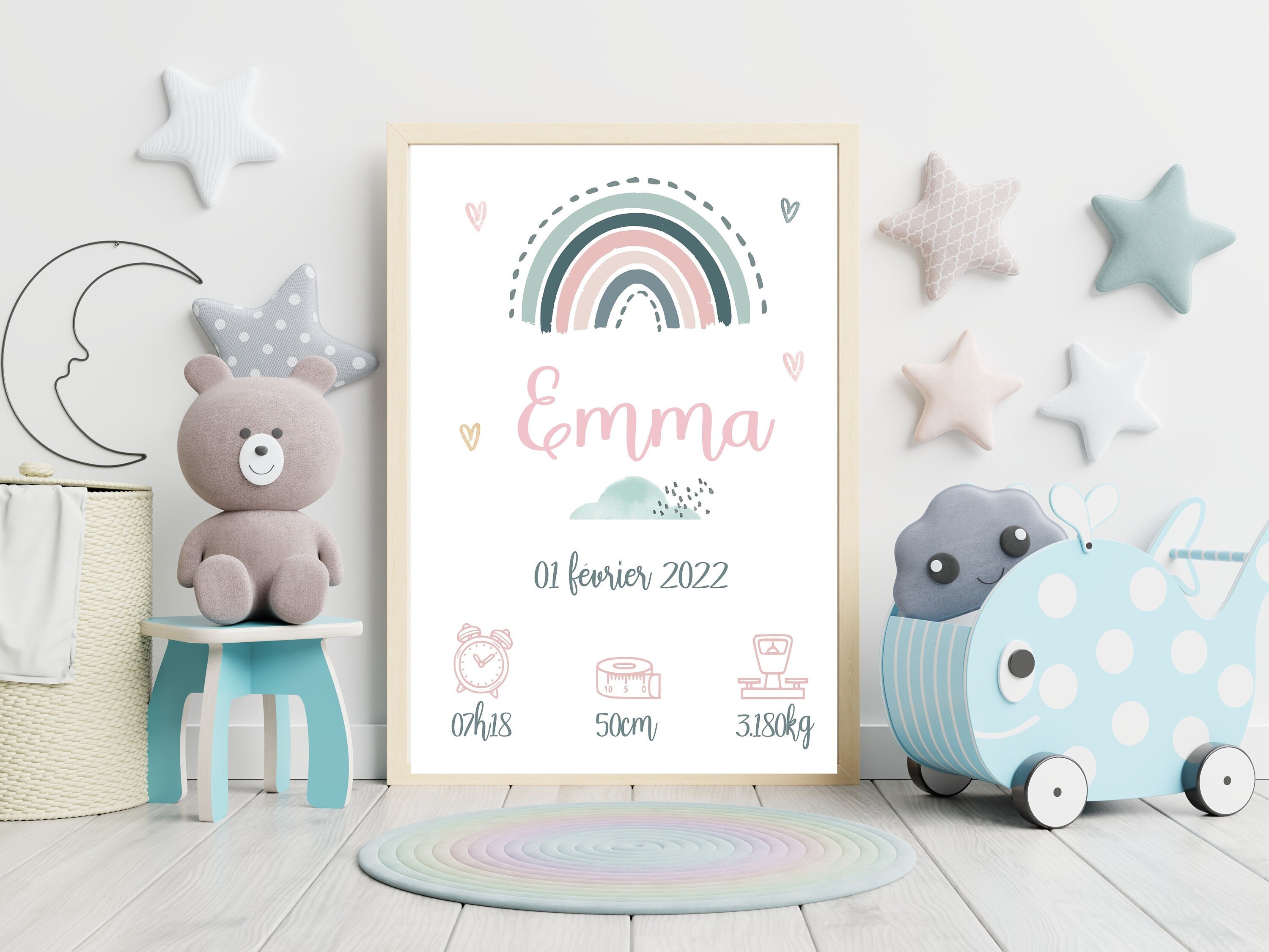 Affiche Naissance Personnalisée, Arc en Ciel, Cadeau Naissance