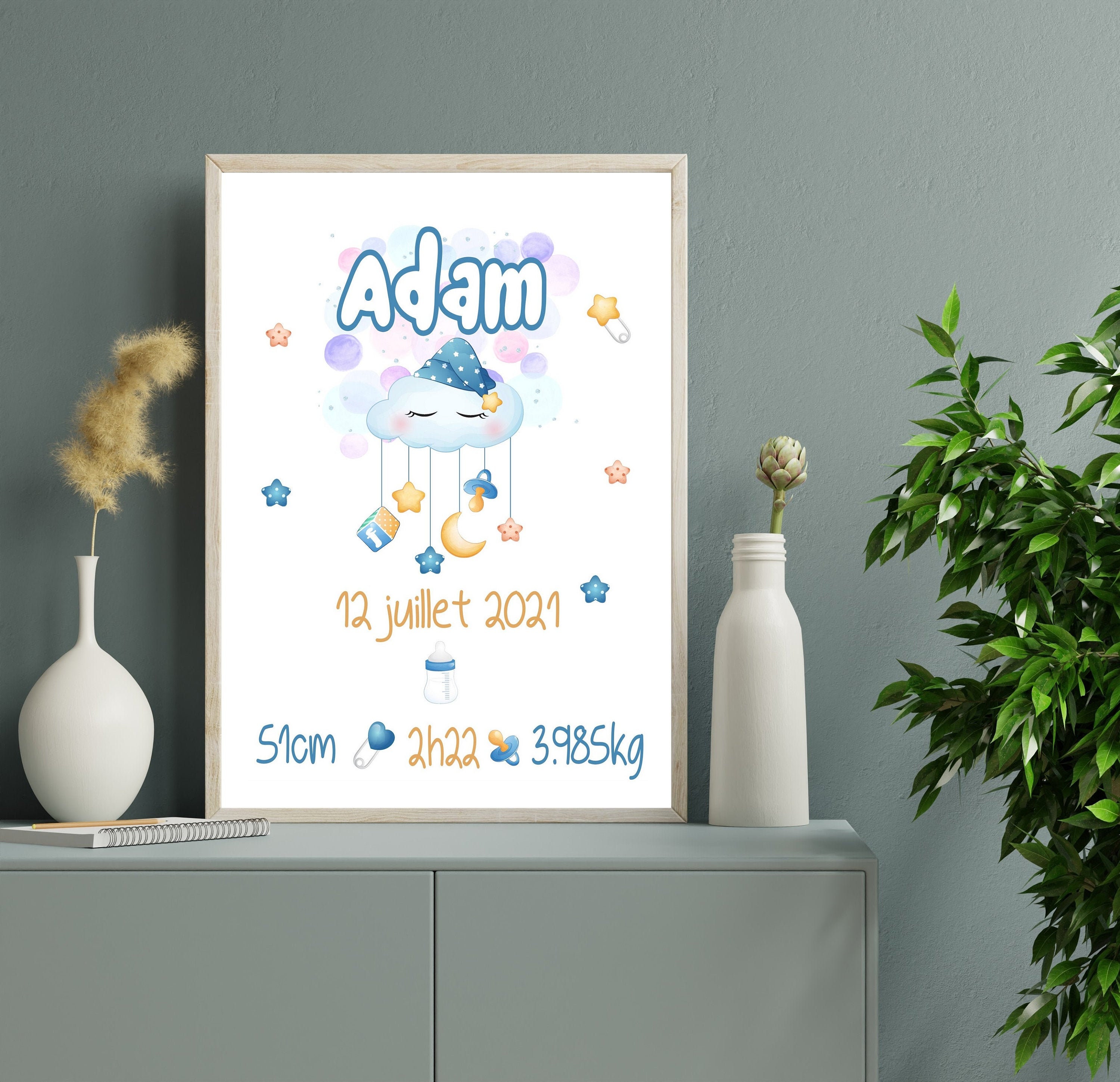 Affiche Naissance Personnalisée , Poster Chambre Enfant, Cadre Prénom