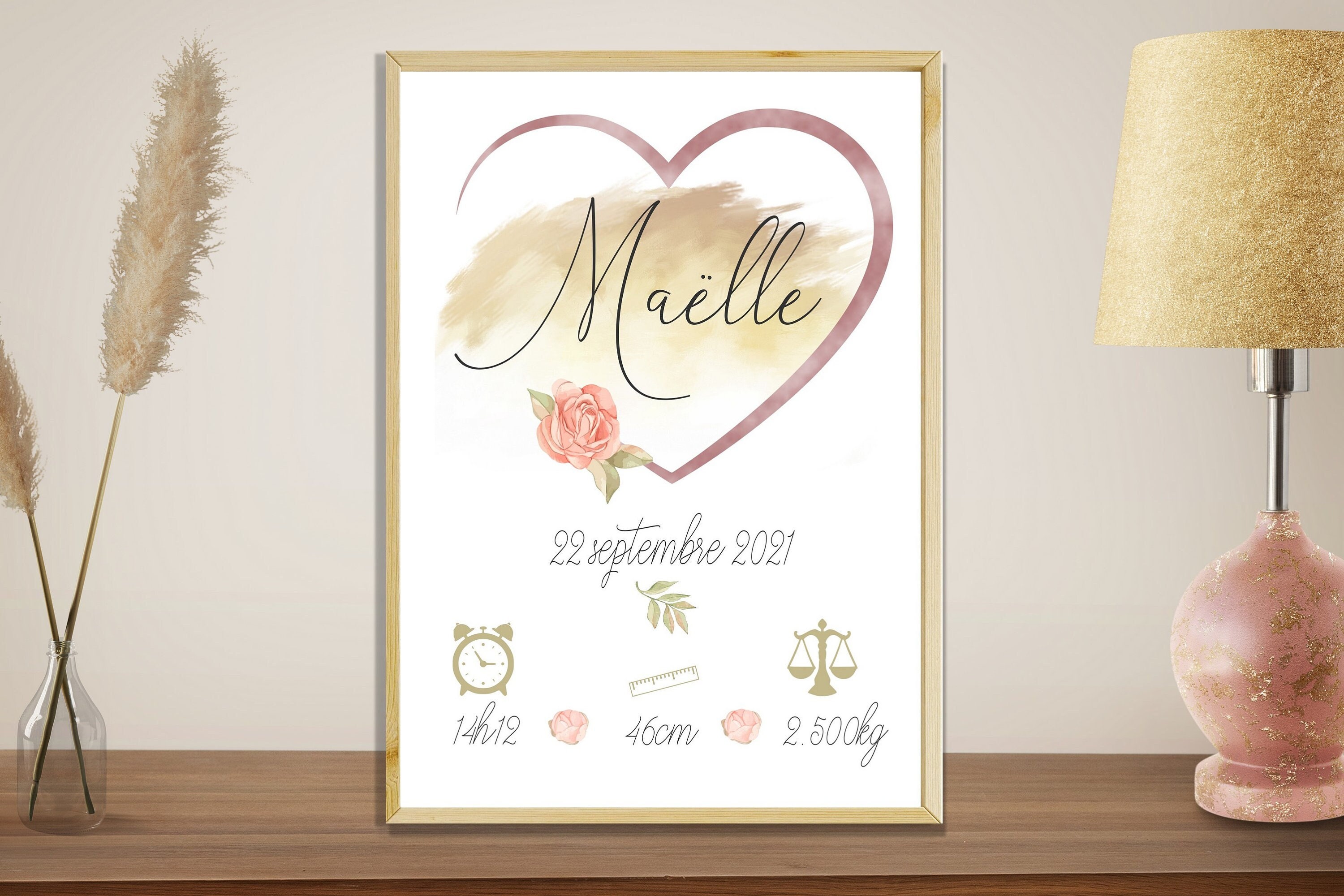 Affiche Personnalisé Enfant, Affiche Naissance Cœur, Décoration Murale
